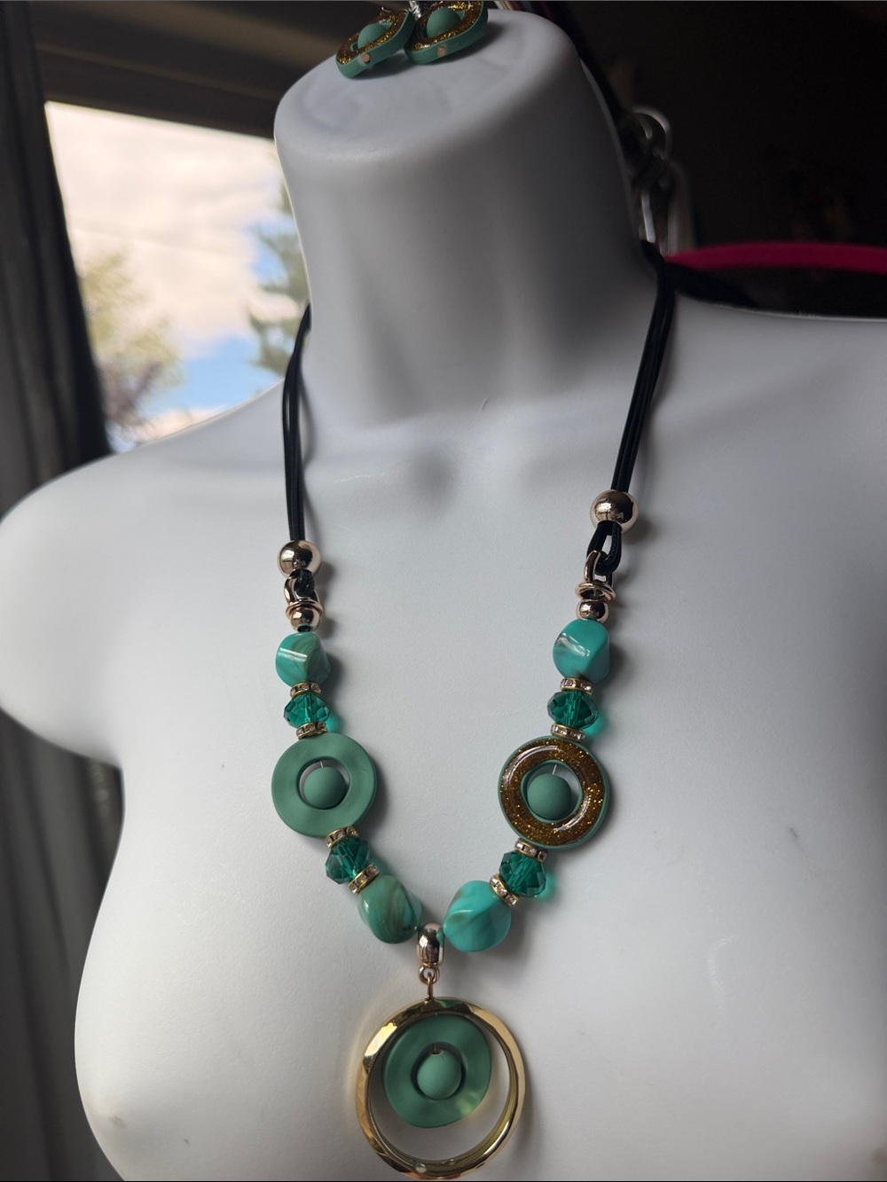 Turquoise & Gold Statement Pendant Necklace & Matching Earrings Women Jewelry